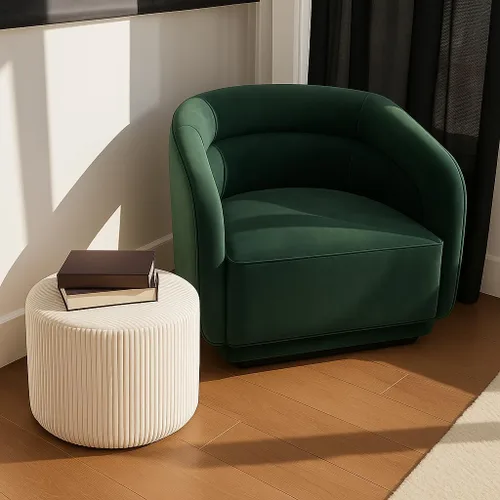 Miniatura 9 de Taburete otomano de pana blanca – Reposapiés de tela de pana boucle texturizado con espuma suave, puf redondo ligero para sala de estar acogedora