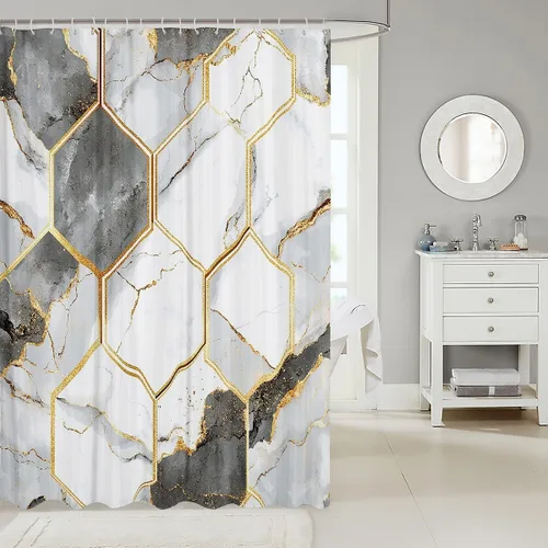 Miniatura 2 de Feelyou Cortina de baño de mármol para mujeres y hombres, cortina de ducha hexagonal geométrica para bañeras, niños, blanco, gris, dorado, juego