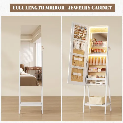 Miniatura 14 de LVSOMT Armario con espejo LED RGB para joyería, organizador de joyas de pie, espejo de cuerpo entero con almacenamiento de joyas, espejo de piso