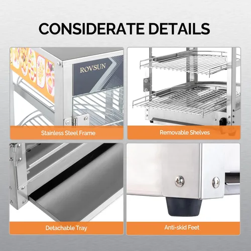 Miniatura 4 de ROVSUN Calentador de alimentos de 3 niveles, calentador de pizza para encimera, pantalla de calentador de alimentos comercial con iluminación LED
