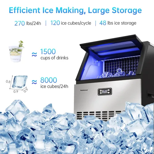 Miniatura 2 de Máquina comercial para hacer hielo, 270 libras/24 horas, contenedor de almacenamiento de 48 libras, acero inoxidable, luz azul, independiente, ideal