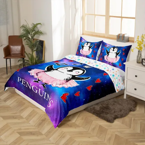 Miniatura 5 de Juego de funda de edredón para niños, diseño de pingüino de dibujos animados, tamaño King, bonito juego de ropa de cama de animales de poste ártico