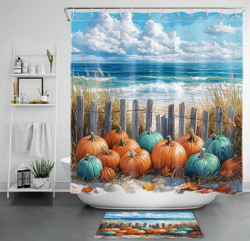 Miniatura 28 de LB Cortina de ducha espeluznante de Halloween, lindo fantasma en flores, árbol negro, luna llena, cortinas de ducha para baño, tela de poliéster