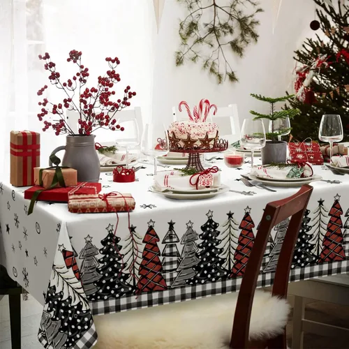 Miniatura 3 de Horaldaily 1 paquete de mantel desechable de Navidad, cubierta de mesa rectangular de plástico con árboles de nieve para decoración de fiesta