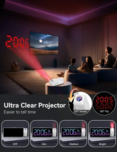 Miniatura 2 de Netzu Reloj de proyección para techo de dormitorio, despertadores con proyector giratorio de 180°, temperatura de fecha y día de la semana, DST