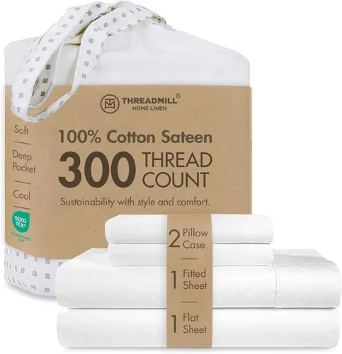 Miniatura 29 de Threadmill Sábanas 100% Algodón para Cama Tamaño King Juego de Sábanas de 4 Piezas para Cama King Suave, Transpirable y Ligero Satén de Damasco