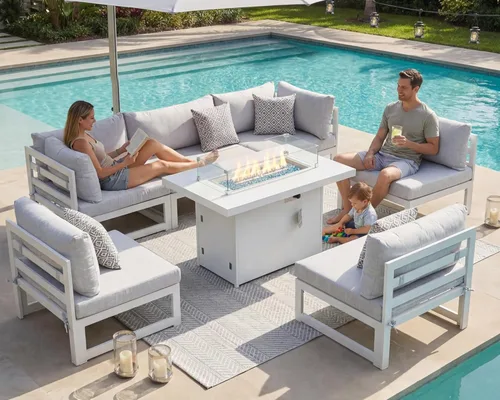 NICESOUL Juego de 7 piezas de muebles de aluminio con recubrimiento en polvo blanco para patio con mesa para hoguera, sofá seccional para exteriores
