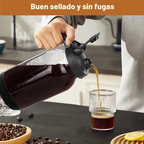 Miniatura 5 de Cafetera de café frío, jarra de frasco Mason con filtro de acero inoxidable, tapa con mango y pico vertedor, vidrio resistente hermético y a prueba