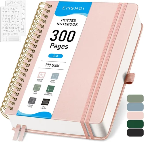 Miniatura 21 de EMSHOI Cuaderno de Espiral con Puntos para Bullet Journal - 300 Páginas, Cuero de Tapa Dura A4, Cuaderno de Cuadrícula de Puntos Gruesos de 100 GSM