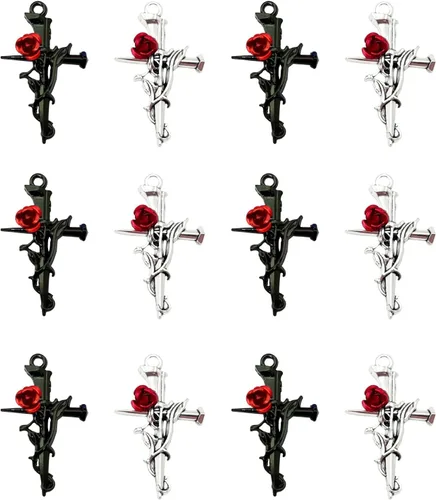 40 dijes de rosas cruzadas, colgantes de espinas góticas de aleación, dijes de flores de espinas esmaltadas, colgantes en forma de rosa para el día