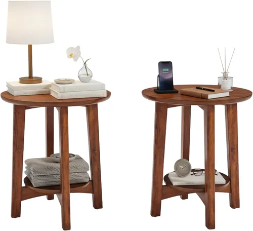 Alaterre Furniture Monterey - Juego de 2 mesas auxiliares redondas con estante de almacenamiento, mesita de noche moderna de mediados de siglo y