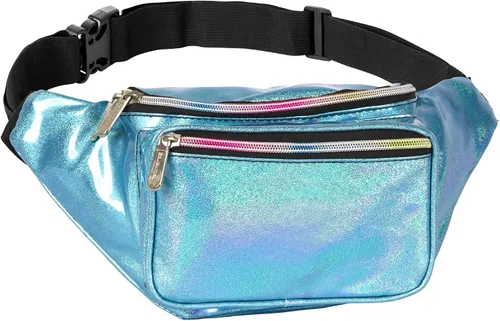 SoJourner Riñonera holográfica para festivales, mujeres, hombres, bonitos bolsos de cinturón de moda, Glittler Azul Claro), A-13