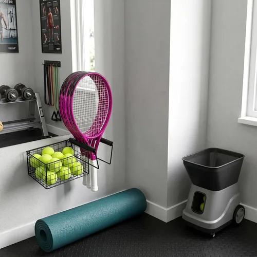 Miniatura 3 de MyGift Raqueta de tenis de metal colgante y cesta de almacenamiento de pelota de tenis, soporte de raqueta montado en la pared
