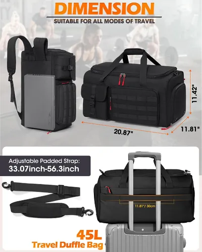 Miniatura 5 de RAINSMORE Bolsa de gimnasio para hombres, bolsa de viaje deportiva de 45 litros con compartimento para zapatos y laptop, mochila de entrenamiento