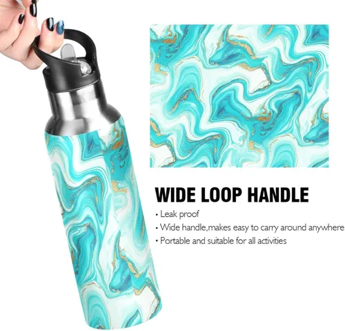 Miniatura 4 de Stainless Steel Vacuum Insulated Water Bottle 32 Oz, Leakproof Water Bottles for Gym Outdoor Travel School, Marble Aqua Blue