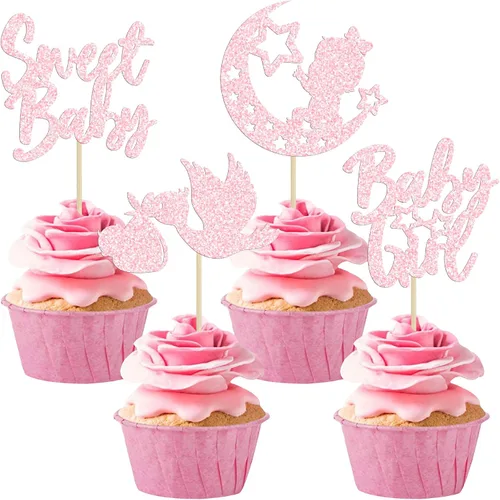 Miniatura 18 de 24 piezas de decoración para cupcakes de baby shower Oh Baby con moño, botella para niño, azul profundo, purpurina para pasteles, decoraciones