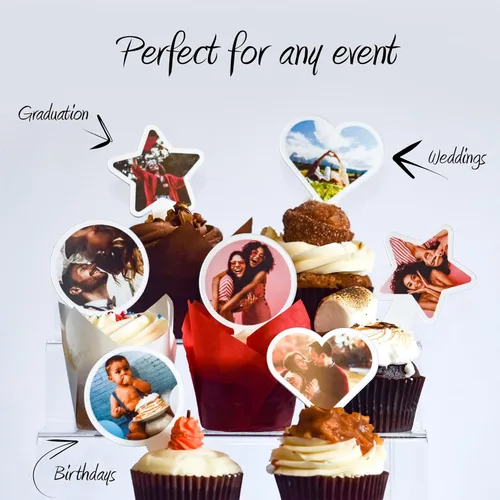 Miniatura 6 de Paquete de 200 adornos personalizados para cupcakes, de plástico, 2 x 4 pulgadas, carga 1 foto, hecho en Estados Unidos (forma de círculo)