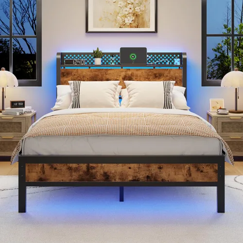 Miniatura 10 de Furnulem Base de cama Queen con almacenamiento de cabecero, marco de cama tamaño Queen con estación de carga y luces LED, no necesita somier