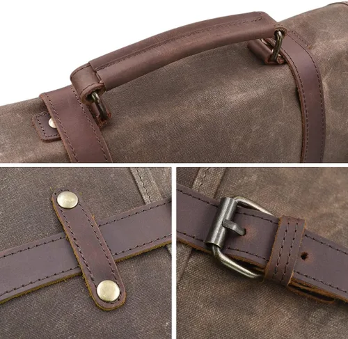 Miniatura 9 de Bolso mensajero para hombre de 15.6 pulgadas, impermeable, de cuero auténtico, encerado, maletín de lona grande, bolso de hombro de cuero resistente