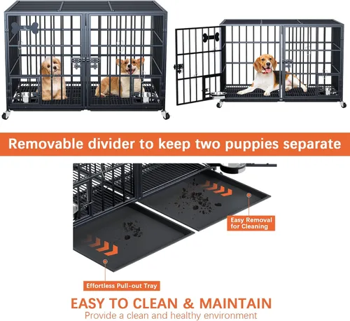 Miniatura 7 de Dosker Jaula de 42 pulgadas de metal resistente para perros con divisor para 2 perros/perro grande, jaula a prueba de escapes con parte superior