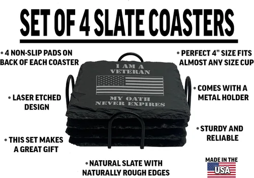 Miniatura 2 de Rogue River Tactical Slate Coaster 4 Back Gift Set Patriótico Bandera de Estados Unidos Juego de posavasos Regalo de Estados Unidos Veterano