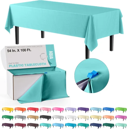 Party Solids Mantel de plástico color aguamarina de 54 pulgadas x 100 pies en una caja de corte a tamaño con práctico cortador deslizante. Corta