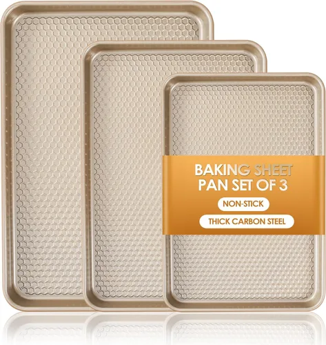Juego de 3 bandejas para hornear, antiadherentes de acero al carbono con textura, bandejas comerciales de medio cuarto/gelatina, bandeja de repuesto