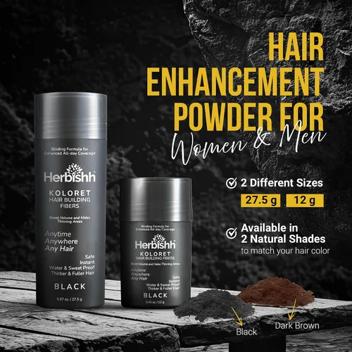 Miniatura 7 de Herbishh Koloret Fibras de construcción del cabello, polvo negro para adelgazar el cabello, cobertura instantánea de puntos calvos y corrector