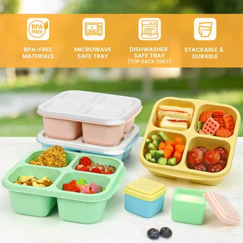 Miniatura 4 de Caperci Recipientes para aperitivos con 4 compartimentos (paquete de 4) con 2 tazas de salsa a prueba de fugas, recipientes divididos reutilizables