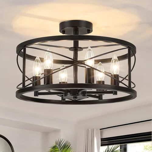 Miniatura 11 de Lámpara de techo moderna de granja de madera semiempotrada, accesorios de iluminación de pasillo y entrada, lámpara de techo industrial rústica de 3