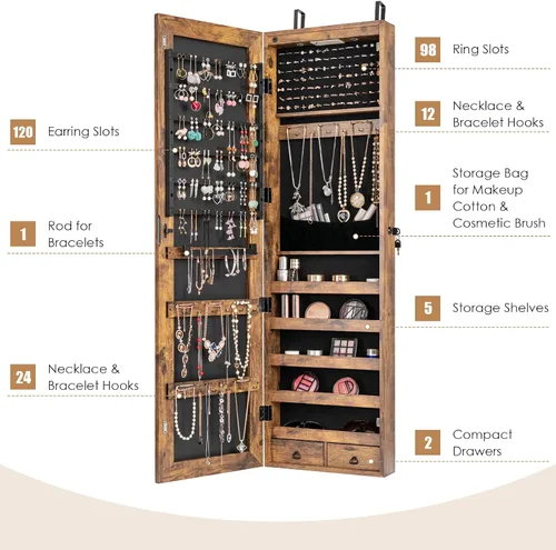 Miniatura 22 de Giantex Armario de joyería para puerta de pared con espejo de longitud completa, 2 LED con cerradura grande organizador de joyas con espejo ancho