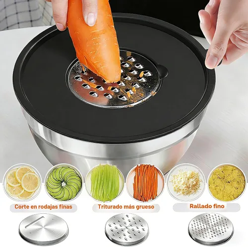 Miniatura 2 de Umite Chef, 26 piezas de juego de cuencos de acero inoxidable con tapas herméticas, 3 accesorios ralladores y fondo antideslizante negro, tamaño 7