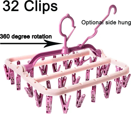 Miniatura 3 de Foshine Percheros de secado de ropa plegables con ganchos de clip de plástico y 32 clips de secado a prueba de viento, colgador de ropa interior Rosa