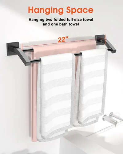 Miniatura 4 de Alise Toallero doble de baño, toallero para baño, lavabo de baño, acero inoxidable SUS304 de 24 pulgadas, soporte de pared, color negro mate