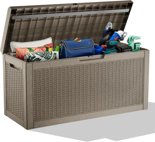 Miniatura 24 de Caja de almacenamiento impermeable para exteriores de 180 galones, caja de resina resistente a los rayos UV con varilla hidráulica para mayor 2-Gris
