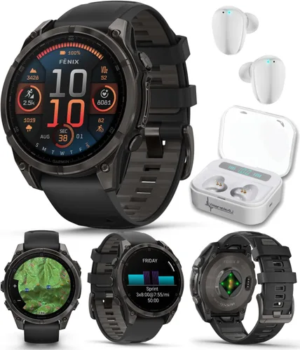 Miniatura 51 de Garmin Fenix 8 – 2 pulgadas, reloj inteligente multideporte GPS AMOLED, zafiro, titanio con banda de silicona naranja brillante/grafito, linterna