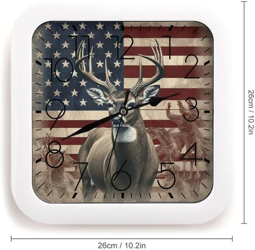 Miniatura 2 de 10" Square Modern Wall Clock,Americana Flag Deer Print Kitchen Clocks Wall Battery Operated,Silent Non Ticking Unique Funny Cute Wall Clock for