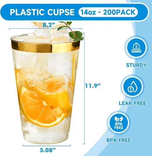 Miniatura 2 de RACETOP Paquete de 200 vasos de plástico desechables de 14 onzas con borde dorado, vasos de plástico desechables con borde dorado para fiestas