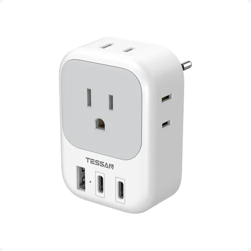 Miniatura 12 de Adaptador de enchufe de viaje europeo, adaptador de corriente TESSAN International con 4 tomas, 4 puertos USB (2 USB-C, 1 con PD 20W), adaptador
