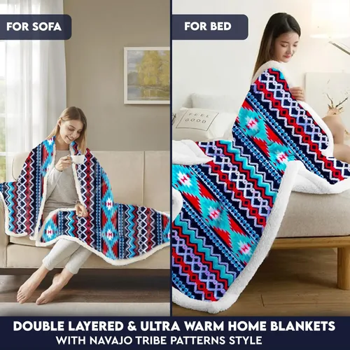 Miniatura 4 de TrailCrest Manta de forro polar sherpa, acogedora manta azteca de felpa para adultos, para hombres y mujeres, reversible con estampados aztecas
