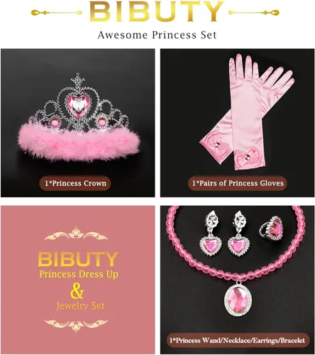 Miniatura 3 de Accesorios de disfraz de princesa BIBUTY, juego de 7 piezas para niñas pequeñas con corona de princesa, varita, guantes, collar, aretes, pulsera