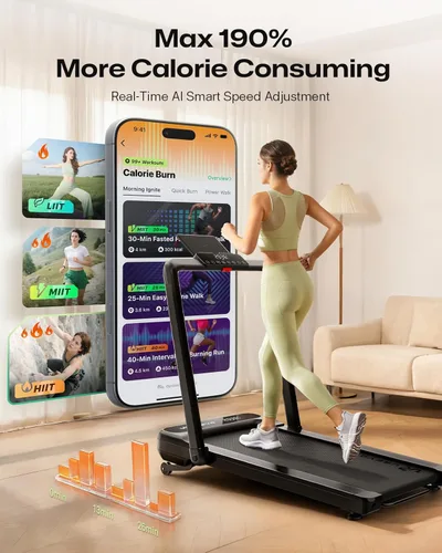 Miniatura 2 de UREVO Smart Treadmill with 9% Incline, 3-in-1 Foldable Treadmill with Handle for Home/Office Fitness, Runner-Focused Design, 6 HIIT Programs & Auto