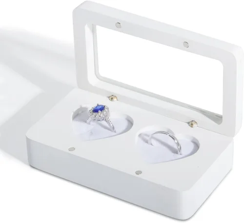 Miniatura 2 de Caja de anillos para ceremonia de boda, soporte de madera blanca con doble corazón para boda y compromiso (rectángulo blanco)