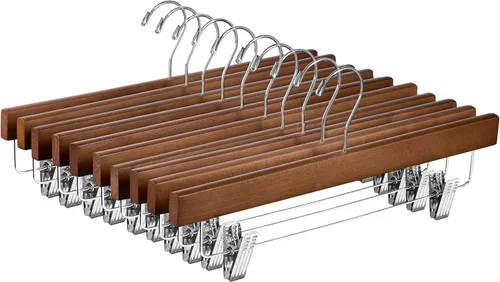 Miniatura 10 de ZOBER Perchas de madera para pantalones con clips, paquete de 10 perchas de madera de loto maciza de alta calidad para mujer, colgador de madera