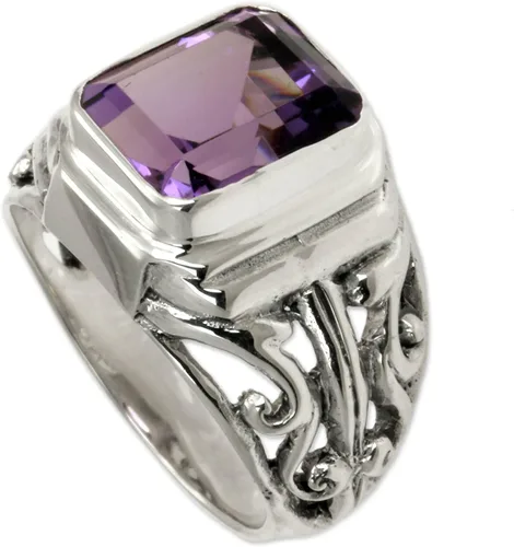 Miniatura 2 de NOVICA Anillo de amatista artesanal hecho a mano para hombre, plata de ley 925, morado, piedra natal de Indonesia, guerrero de la sabiduría