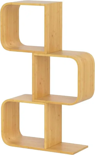 Miniatura 11 de Estantería geométrica moderna de bambú de 4 niveles en forma de S, gran capacidad, estante curvado, mesita de noche 2 en 1, estantería