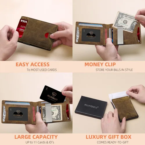 Miniatura 76 de RUNBOX - Carteras delgadas para hombre, cartera de piel con pinza para el dinero, cartera de bolsillo frontal con bloqueo RFID, tarjetero