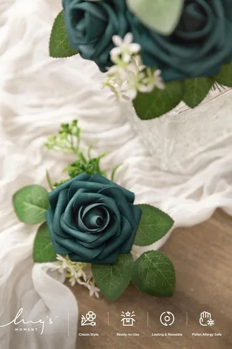 Miniatura 5 de Ling’s Moment - Flores Artificiales, 50 piezas, Rosas Verde Pavo Real con Tallos, 3" de Tacto Real, Espuma DIY para Ramilletes de Boda/Centros