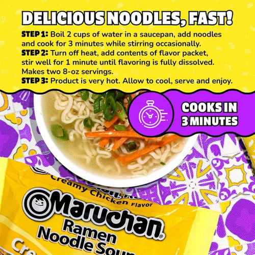 Miniatura 6 de Maruchan Ramen Fideos instantáneos sabor a pollo cremoso, comidas listas para comer, 3 oz, 24