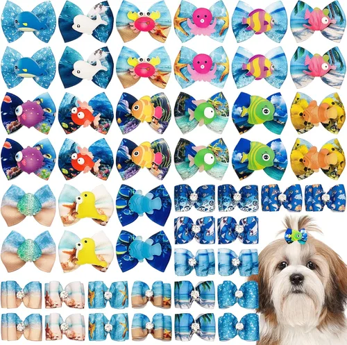 Miniatura 13 de 50 unidades/25 pares de lazos para el pelo de perro con banda de goma, patrón floral de primavera para niñas, hembra, gato, conejo, cachorro